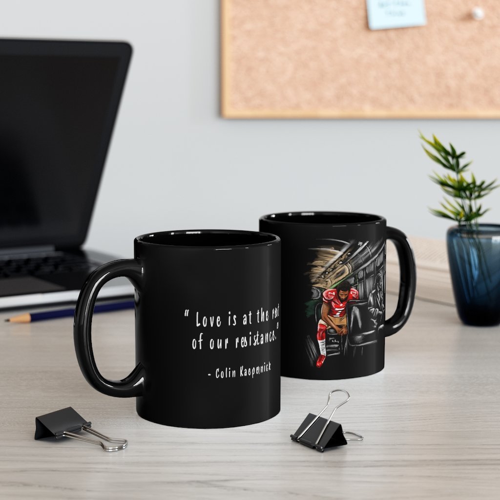 Colin Kaepernick & Rosa Parks | Stand By Sitting | Quote | Black Coffee Mug - Androo's Art