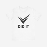 White DID IT T-shirt with black checkmark and lettering — original white garment, studio view.