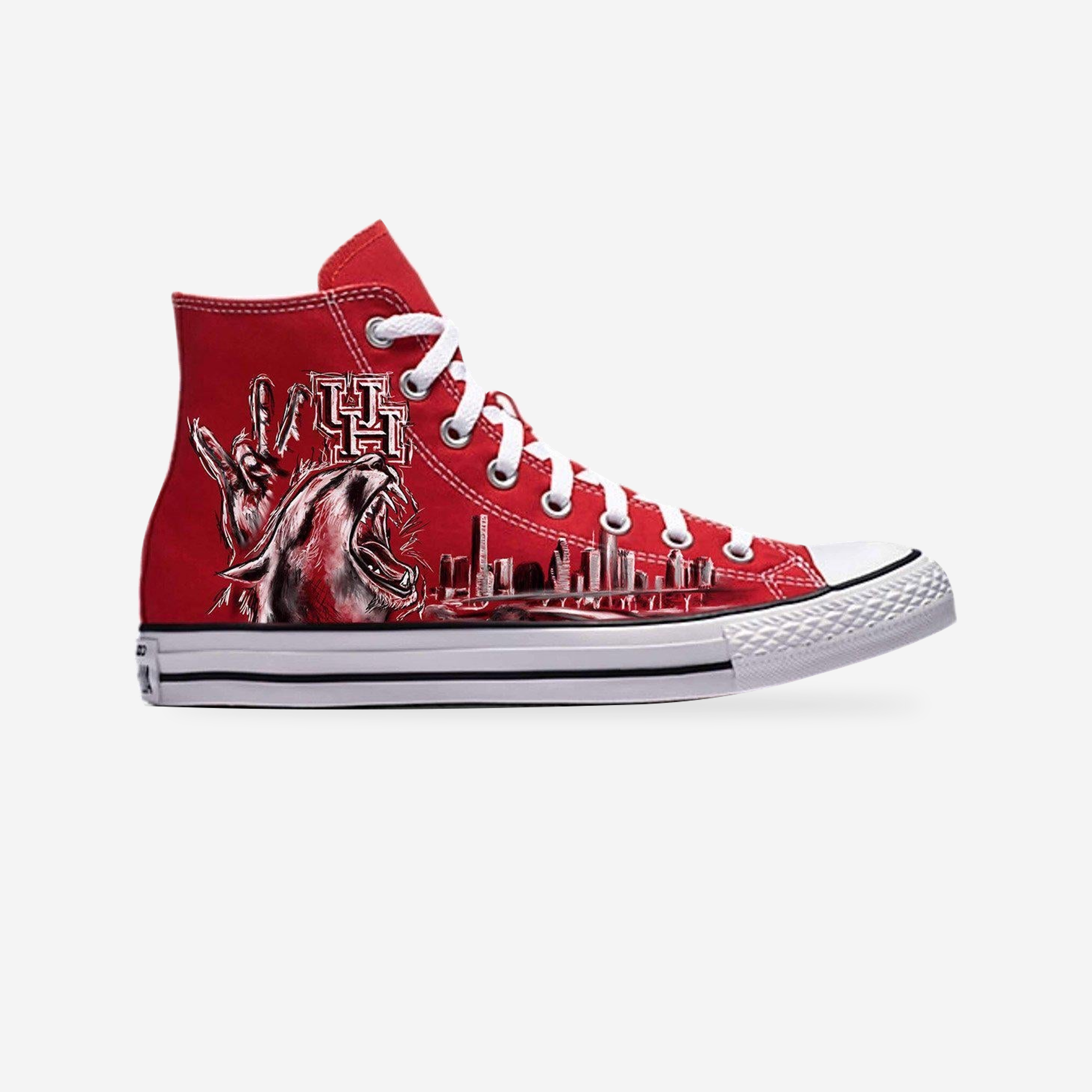 Cougar Kicks | U of H Converse — original artwork on a light-gray studio background.