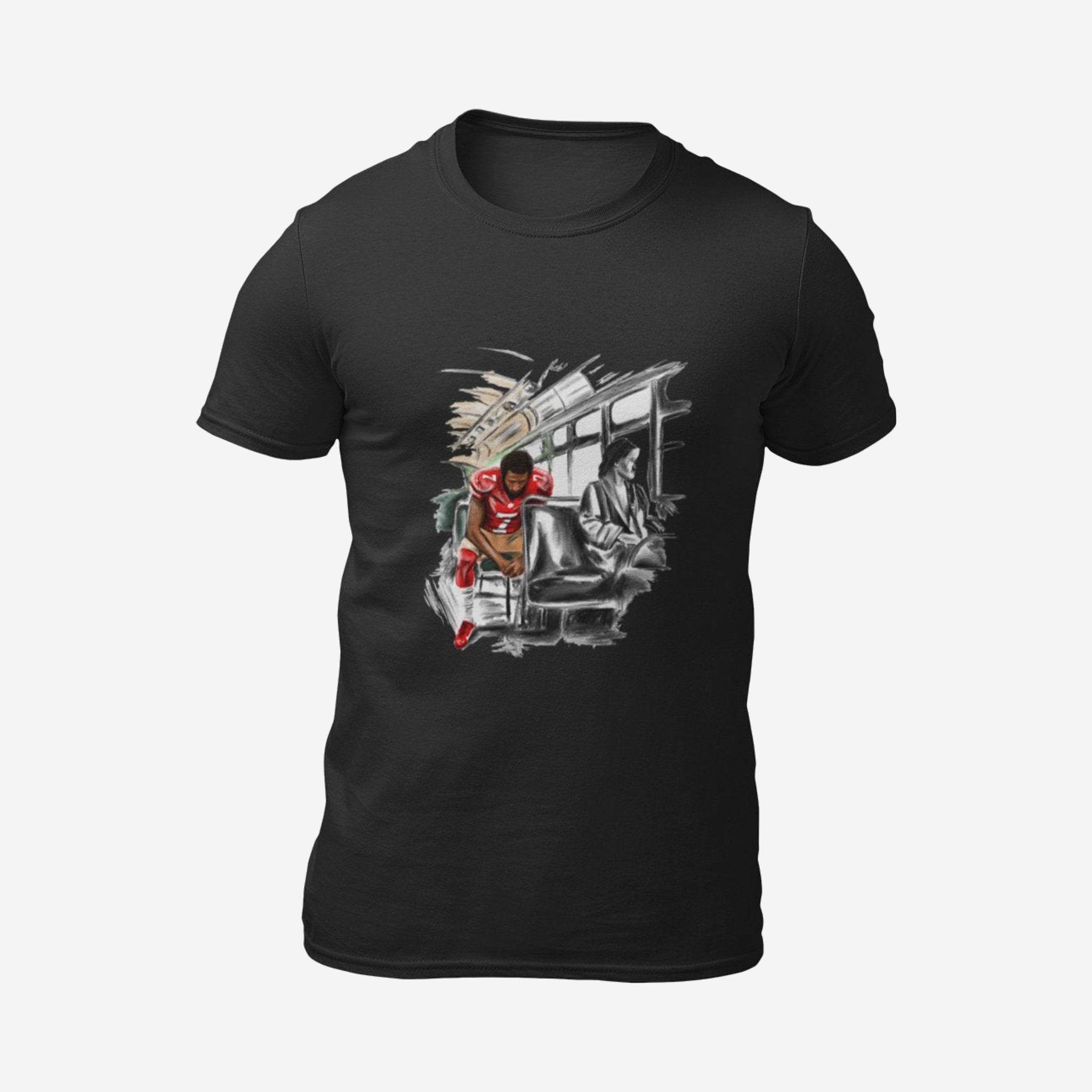 Colin Kaepernick | Stand By Sitting | Unisex T-Shirt | Graphic Art Streetwear Tee — studio view with original artwork.