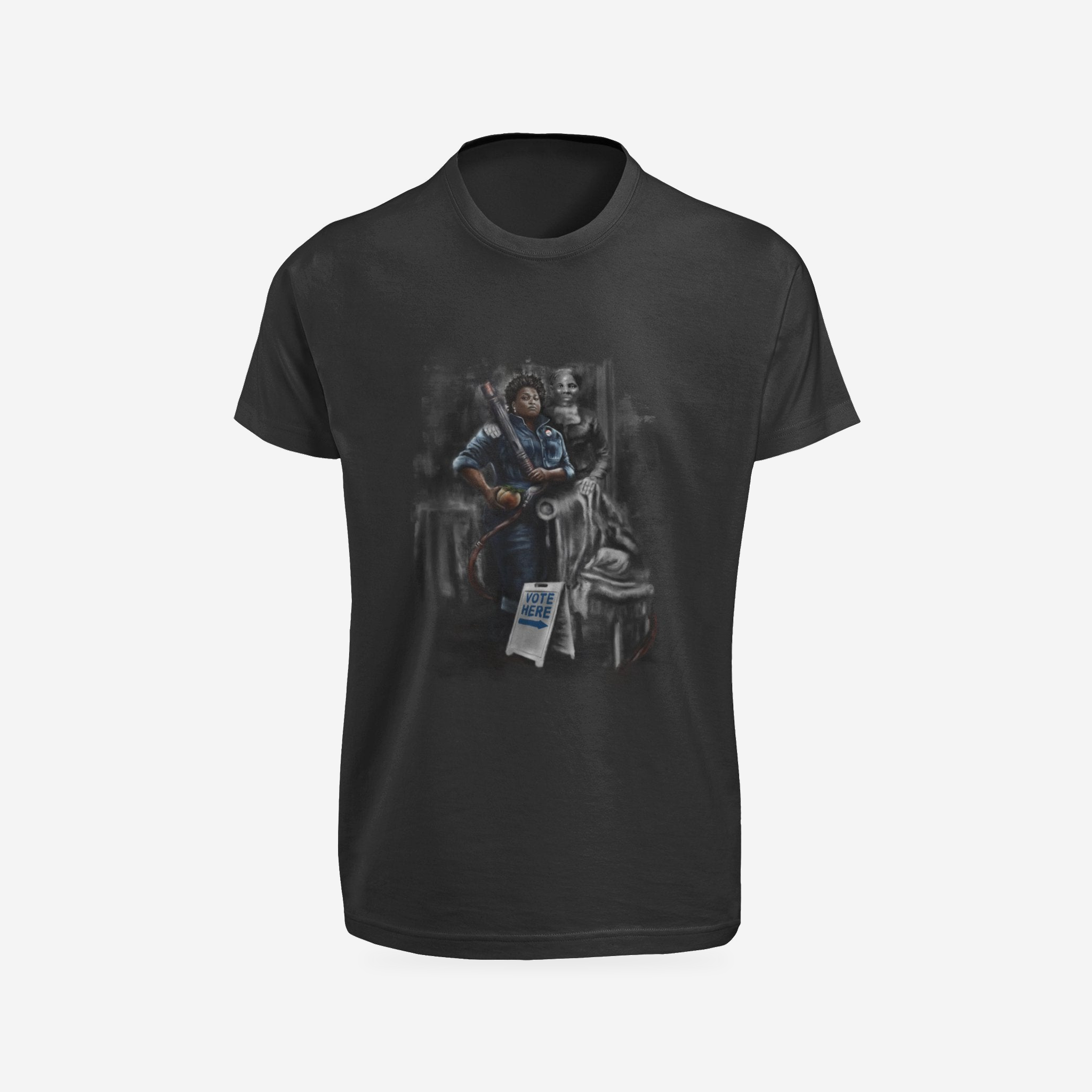 Stacey Abrams and Harriet Tubman Follow the Leader black T-shirt, complete front product view with original artwork.
