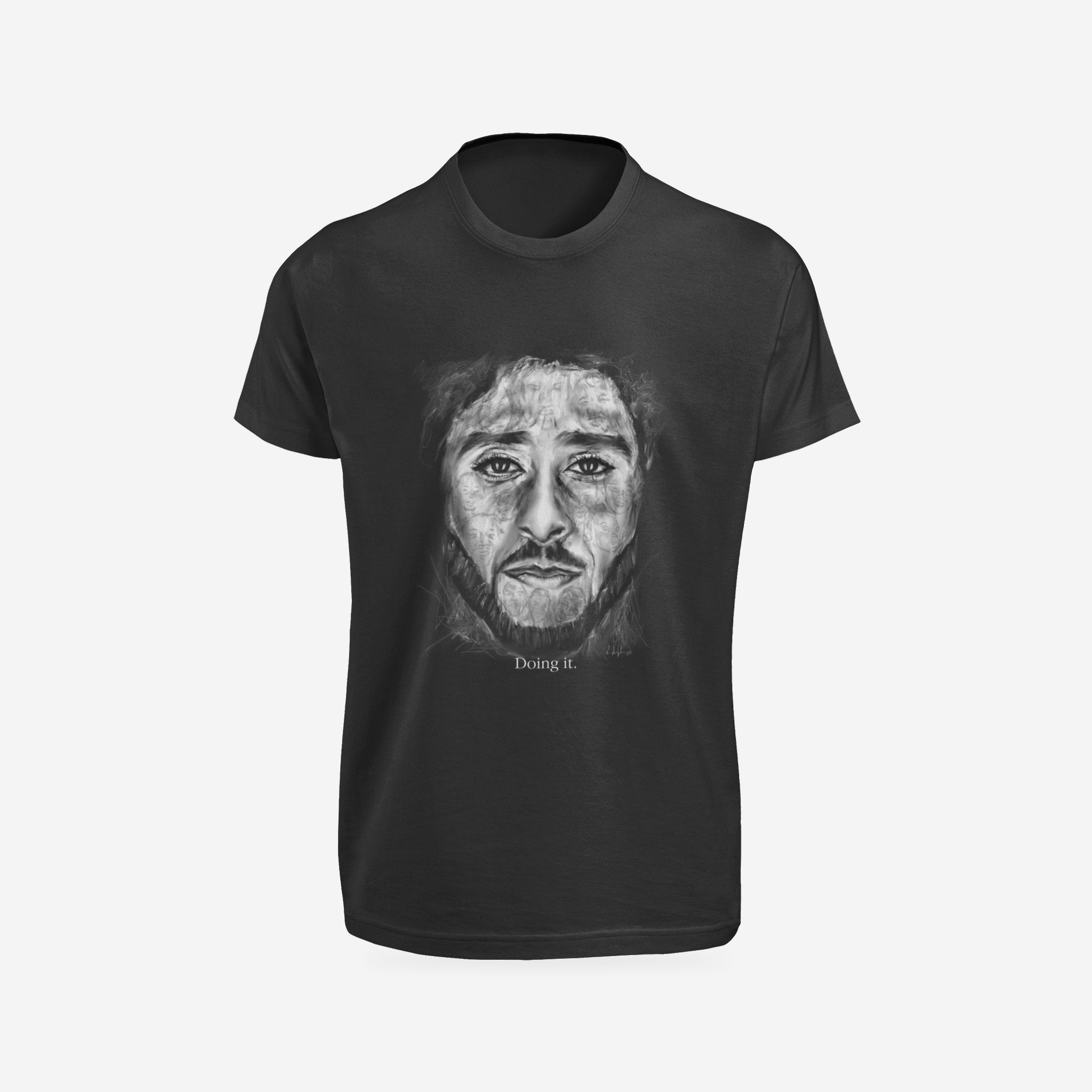 Colin Kaepernick Doing It black T-shirt, complete front product view with original artwork.