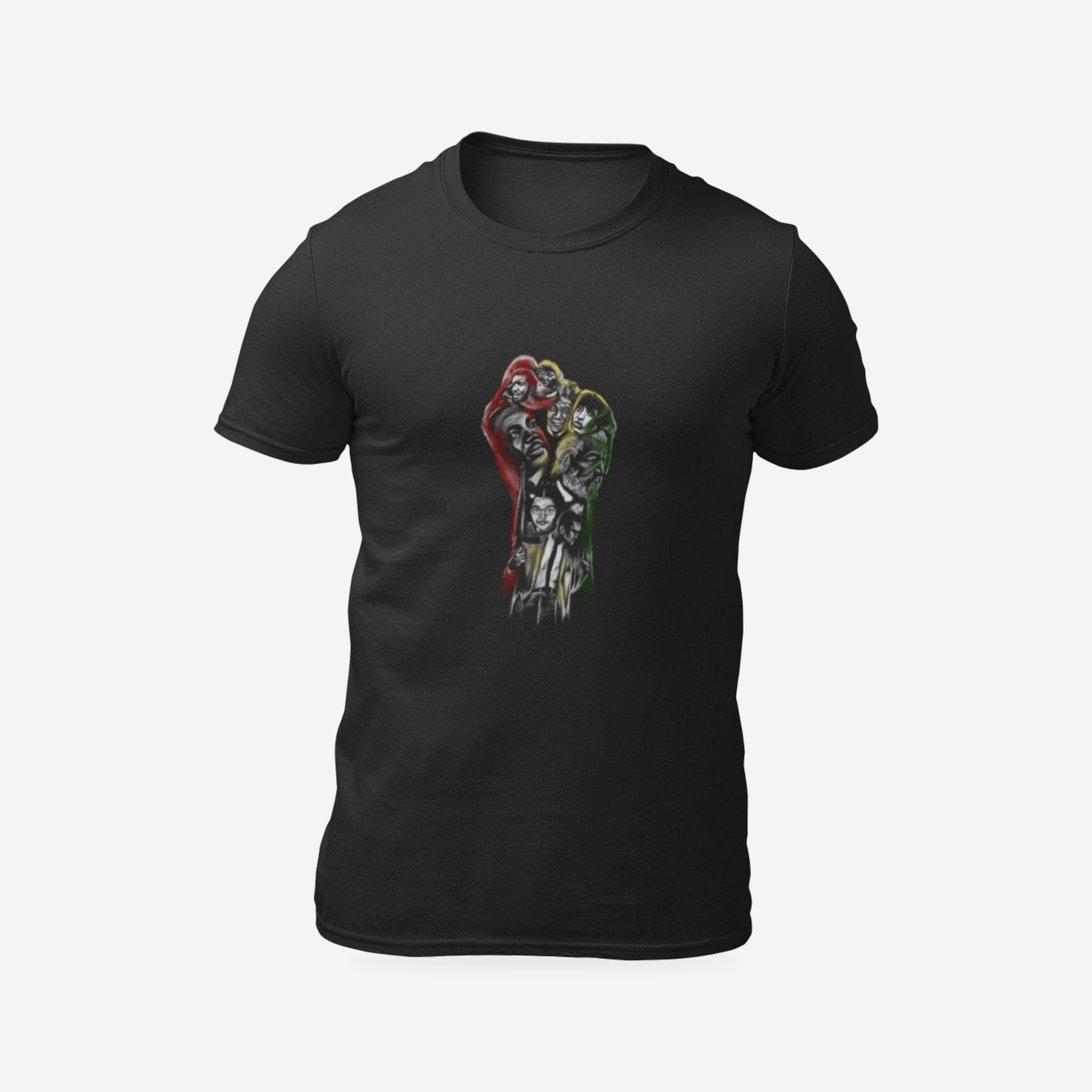 Knowledge Is Power black T-shirt, complete front product view with original artwork.