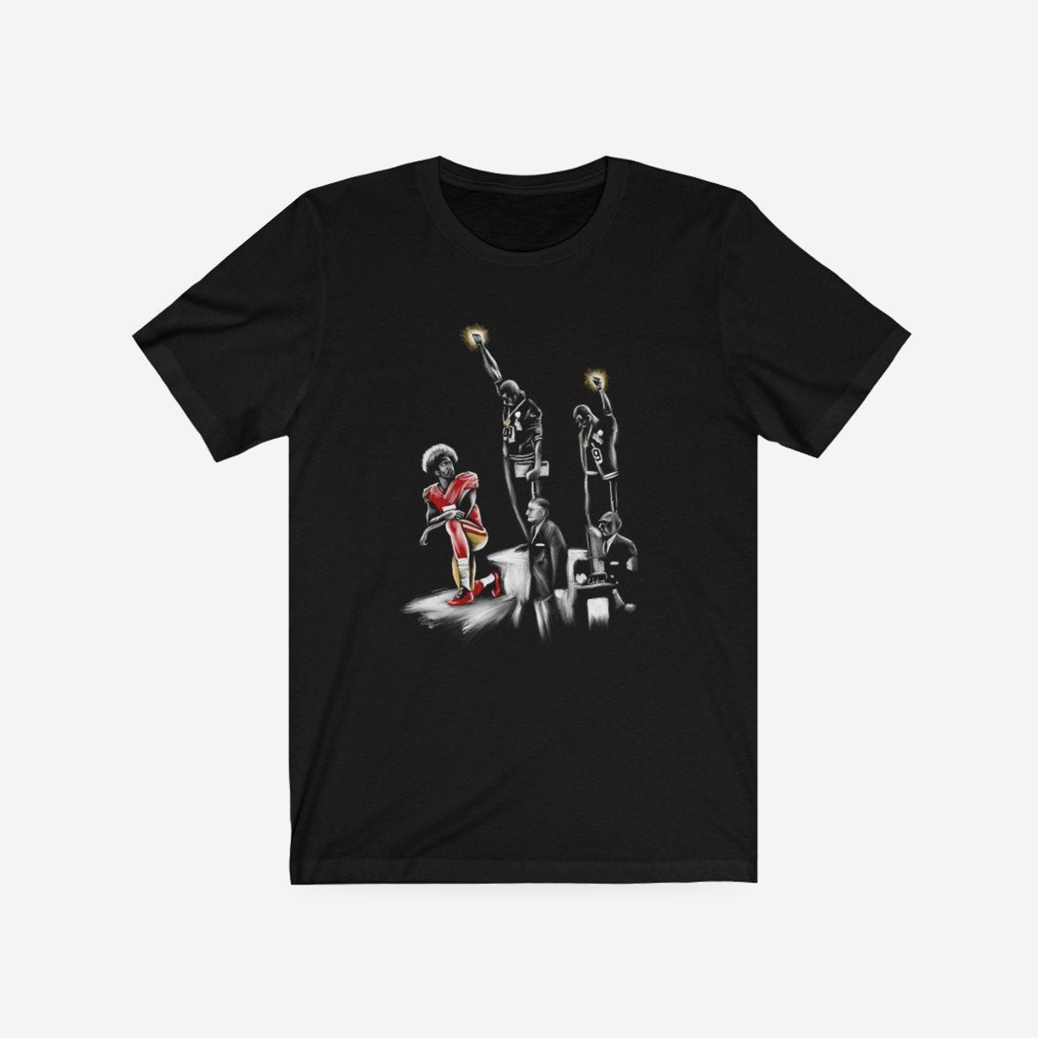 Colin Kaepernick 1968 Olympics black T-shirt, complete front product view with original artwork.