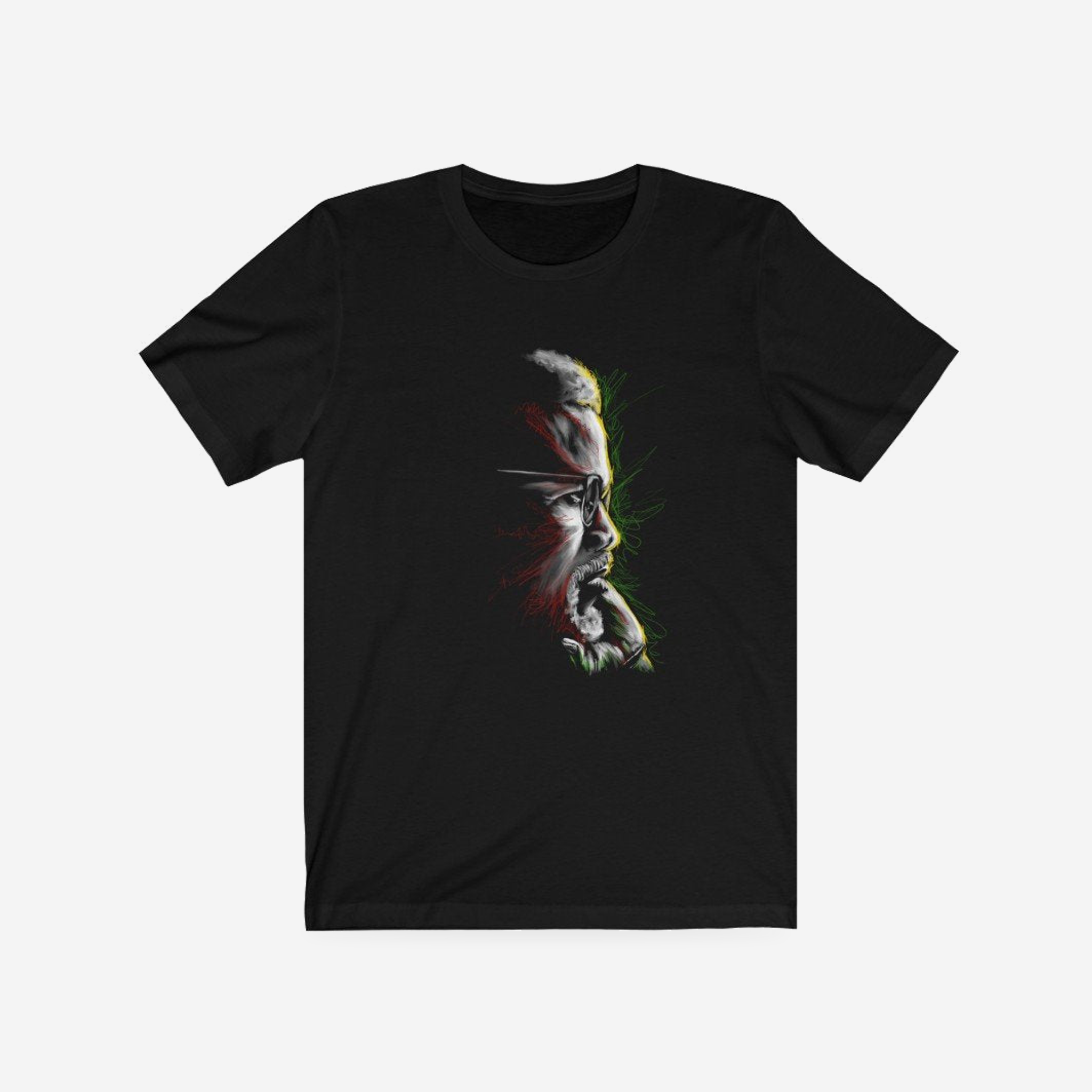 Thoughts of Malcolm X black T-shirt, complete front product view with original artwork.