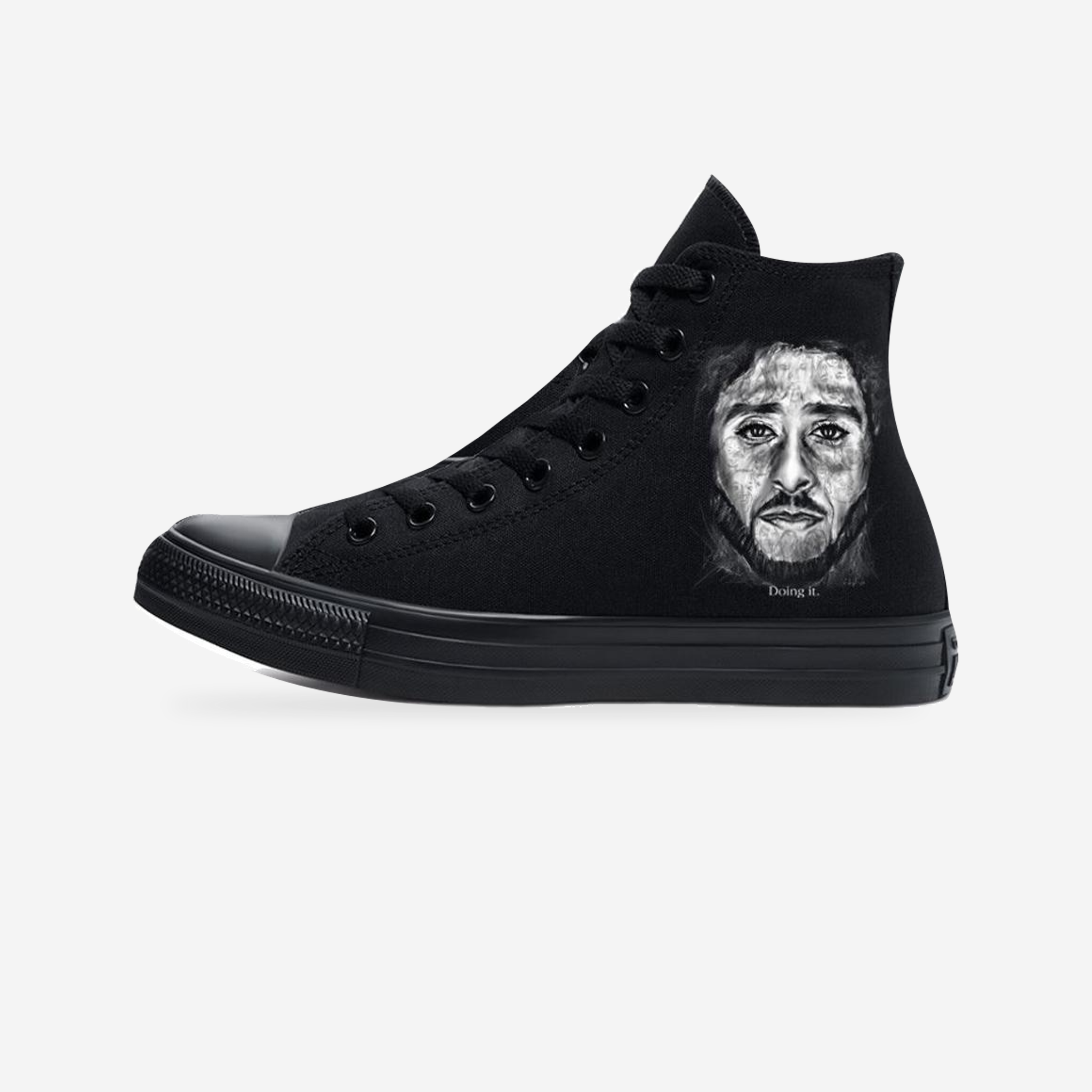 Custom Black Converse High-Top Sneakers – Colin Kaepernick Art — original artwork on a light-gray studio background.