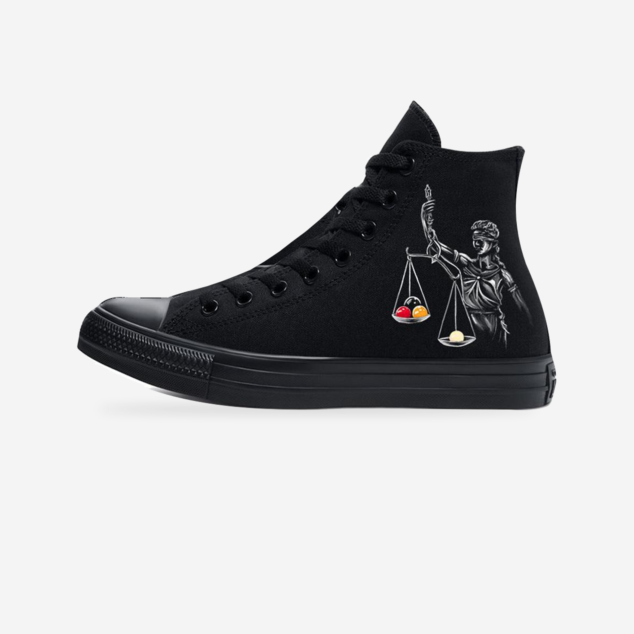 Fist of Knowledge | Blackout Converse — original artwork on a light-gray studio background.