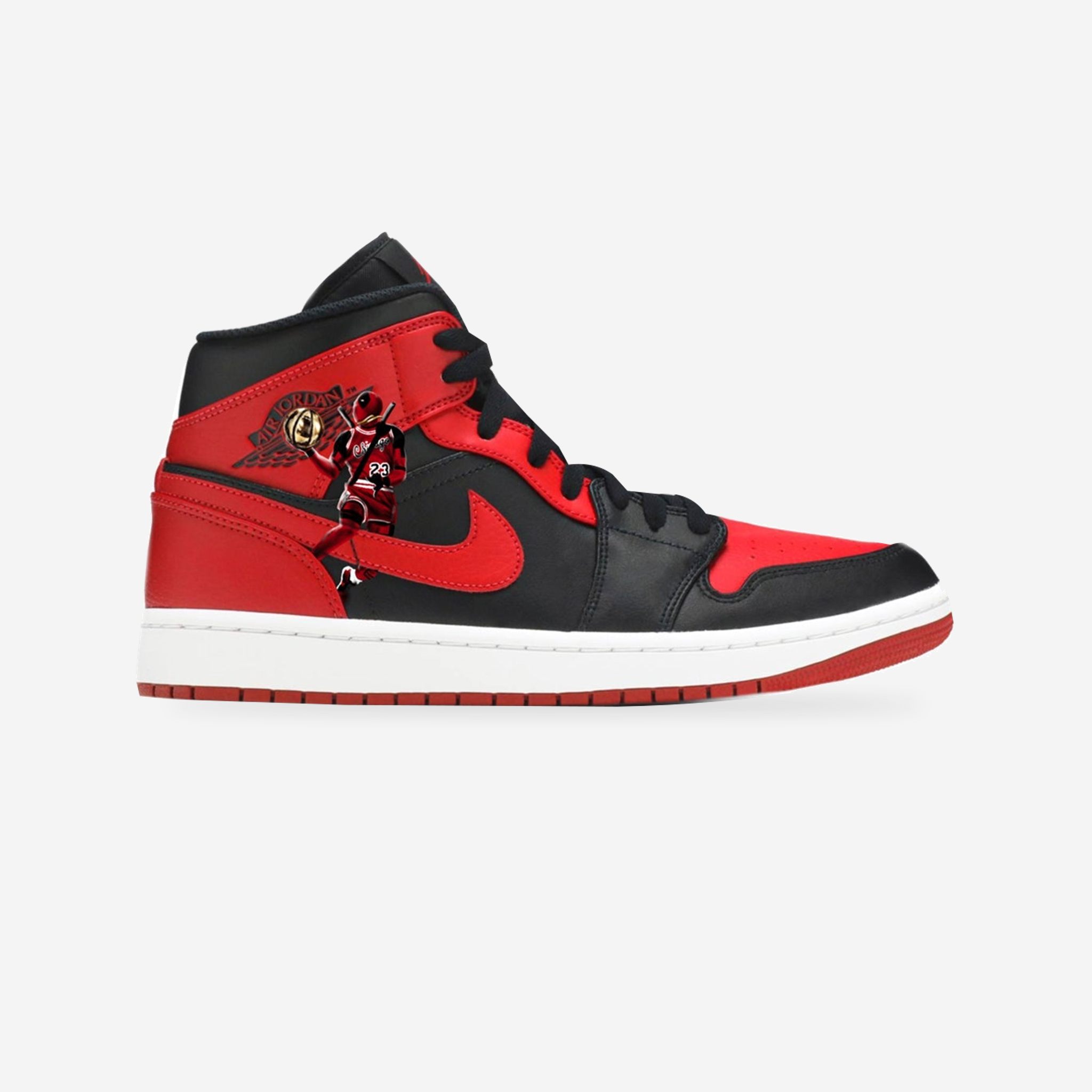 Maximum Effort | Deadpool Jordan 1 — right-facing studio view with original artwork.