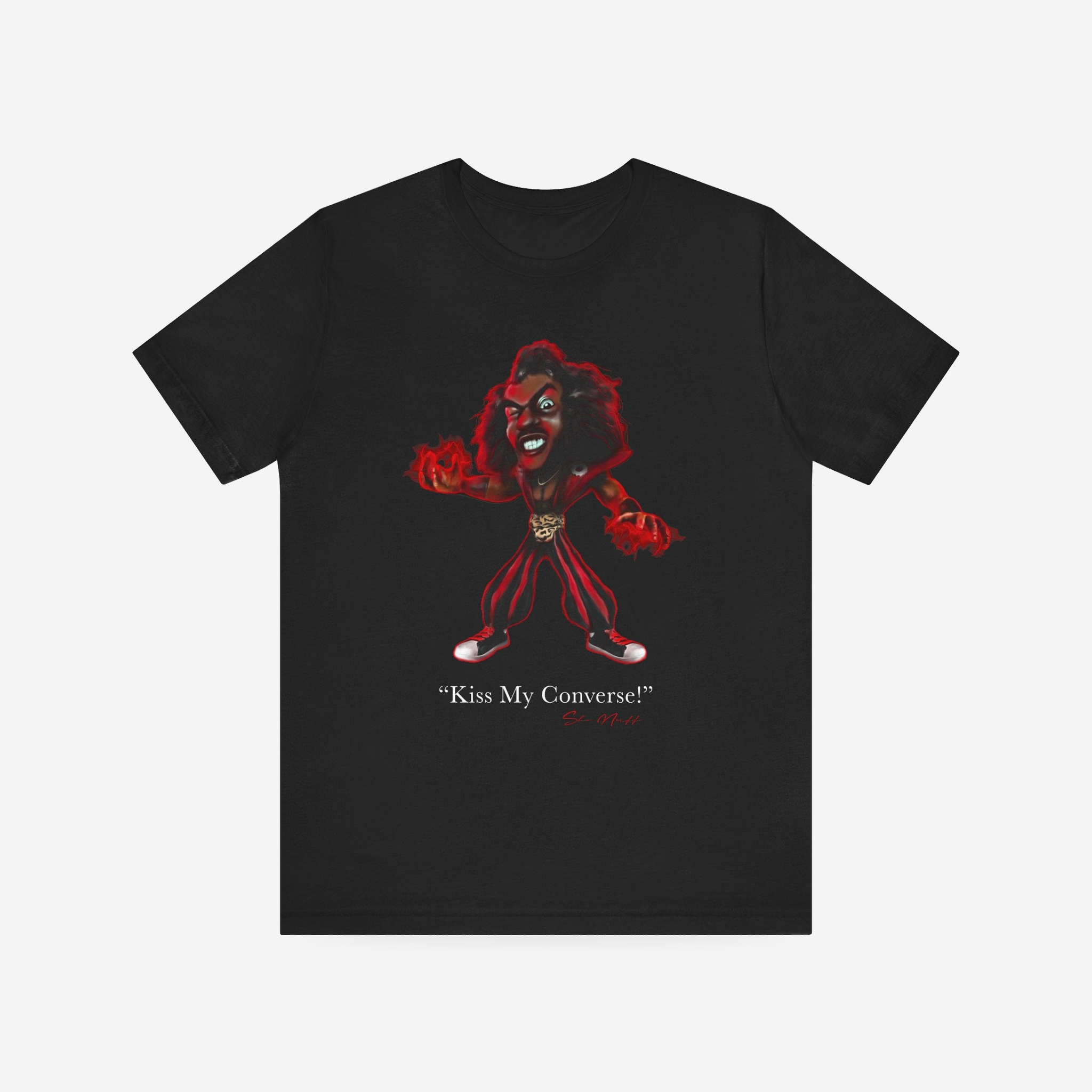 Kiss My Converse | Sho Nuff | Unisex T-Shirt | Sho Nuff Last Dragon Cult Classic Tee — complete garment, original artwork on light gray background