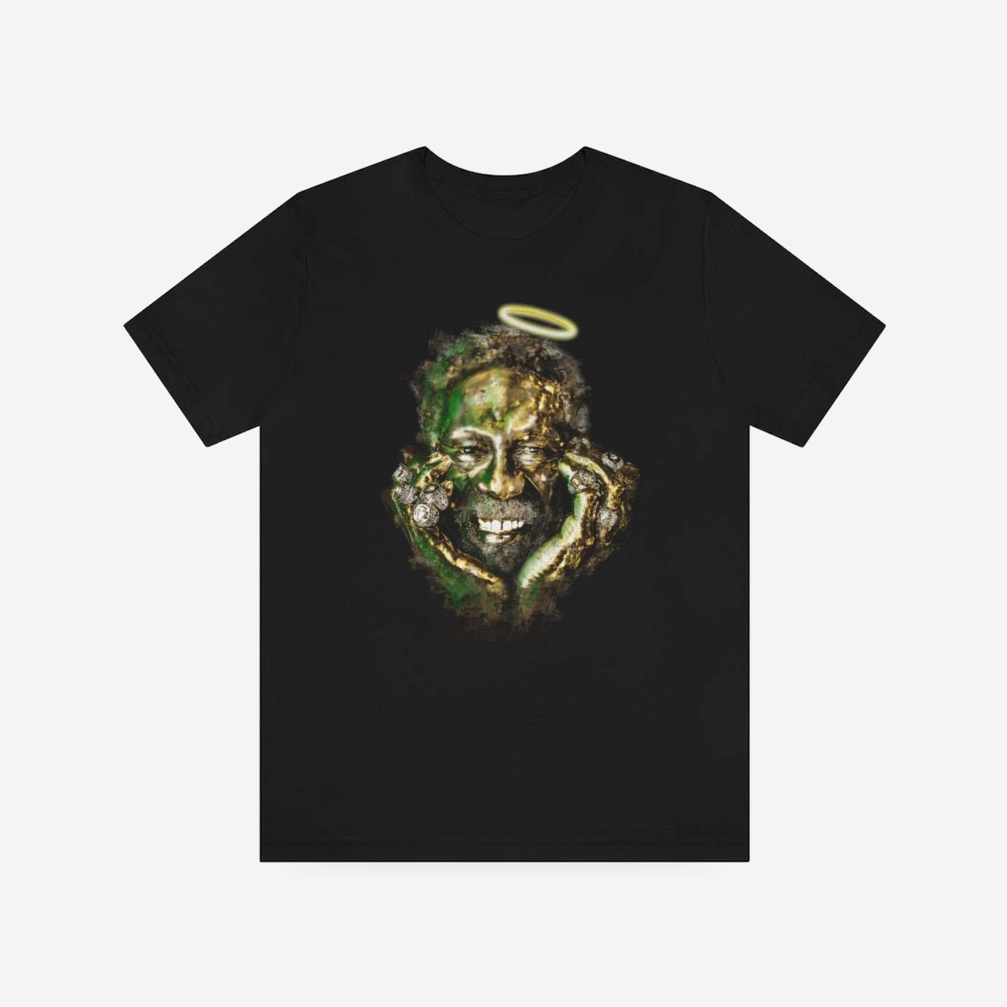 Golden GOAT | Bill Russell Tribute | Unisex T-Shirt | Bill Russell Celtics Legend Tee — complete garment, original artwork on light gray background