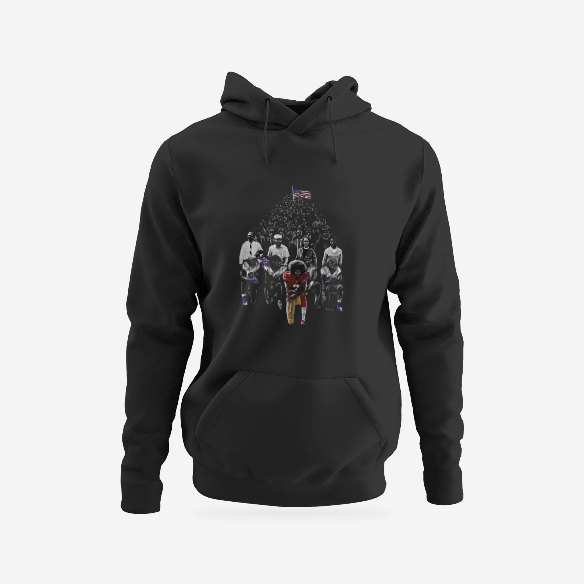 Colin Kaepernick | Then & Now | Hoodie | Graphic Art Streetwear Tee — complete garment, original artwork on light gray background