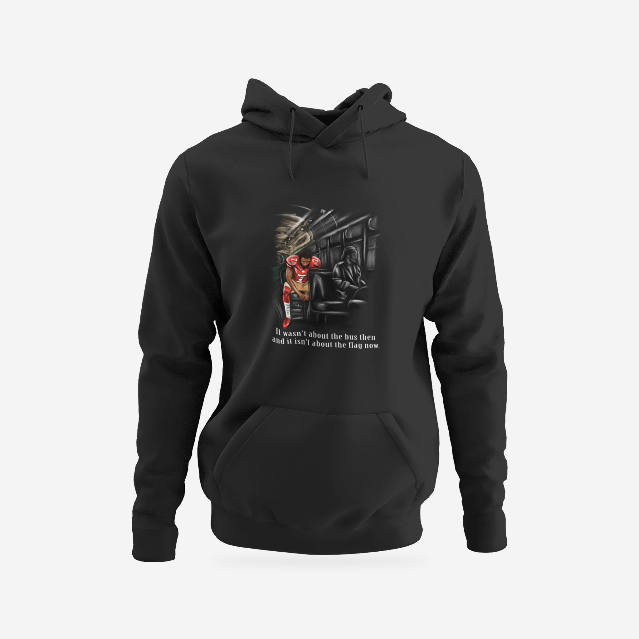 Bus Flag Quote | Stand by Sitting | Hoodie | Graphic Art Streetwear Tee — complete garment, original artwork on light gray background