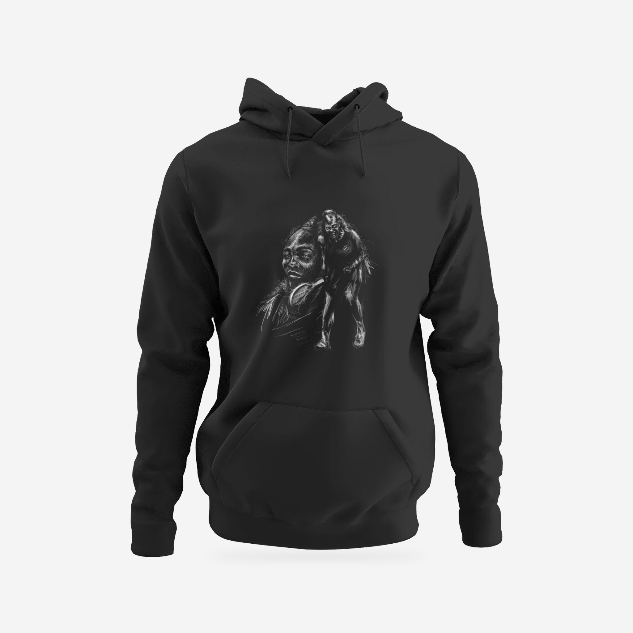 Serena Williams | Sketch | Hoodie — complete garment, original artwork on light gray background
