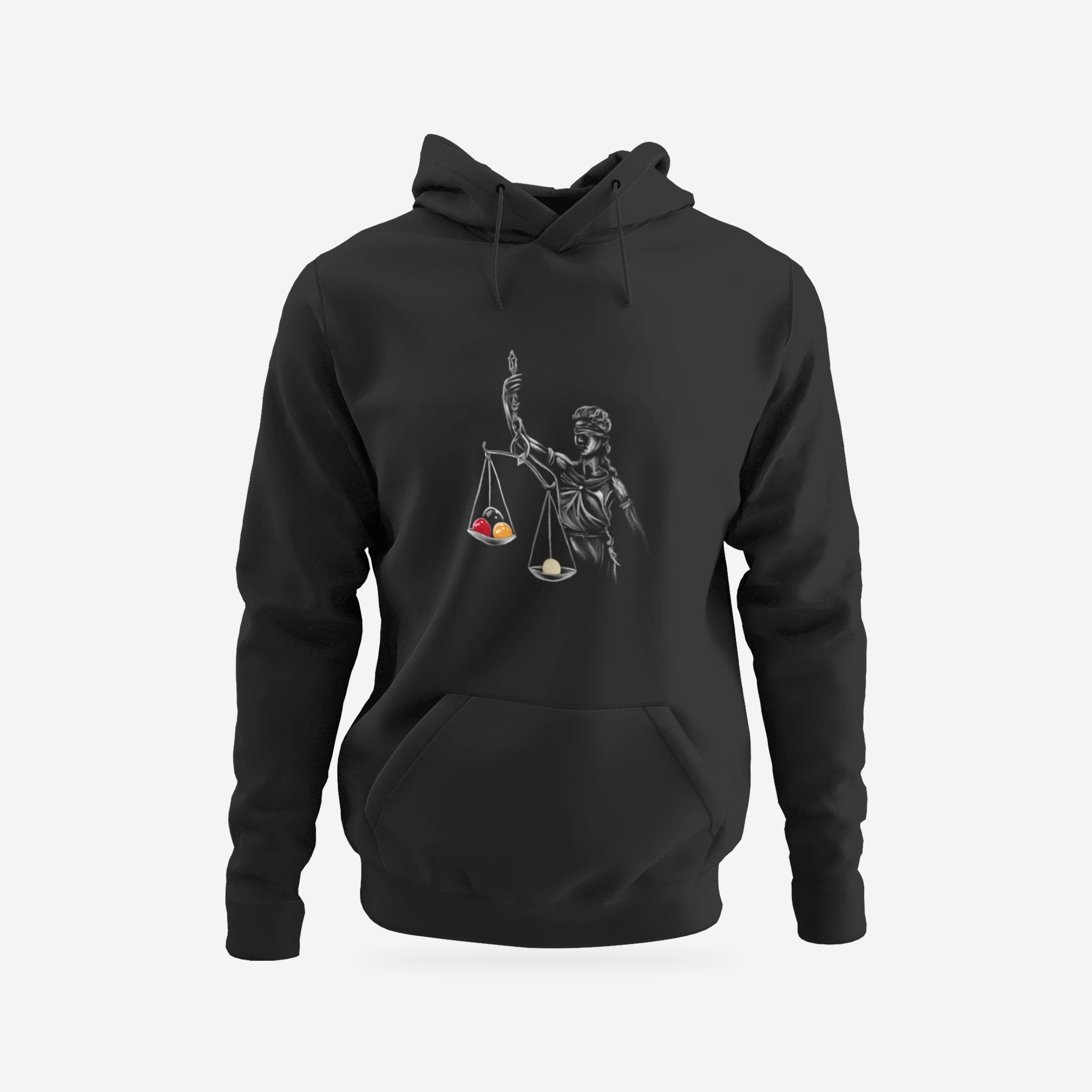 American Justice | Hoodie | Graphic Art Streetwear Tee — complete garment, original artwork on light gray background