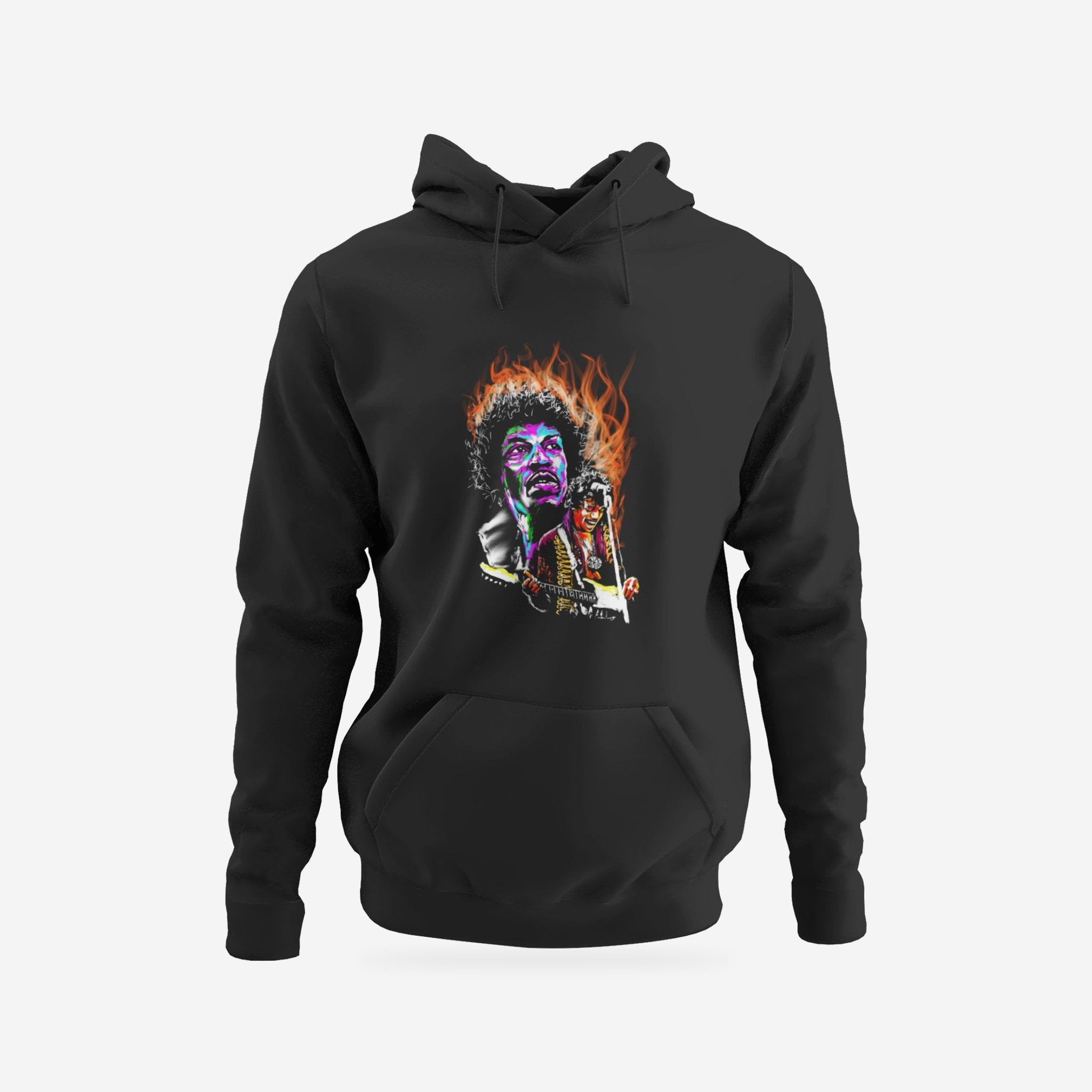 Jimi Hendrix | On Fire | Hoodie | Psychadelic Rock Guitar Legend Tee — complete garment, original artwork on light gray background