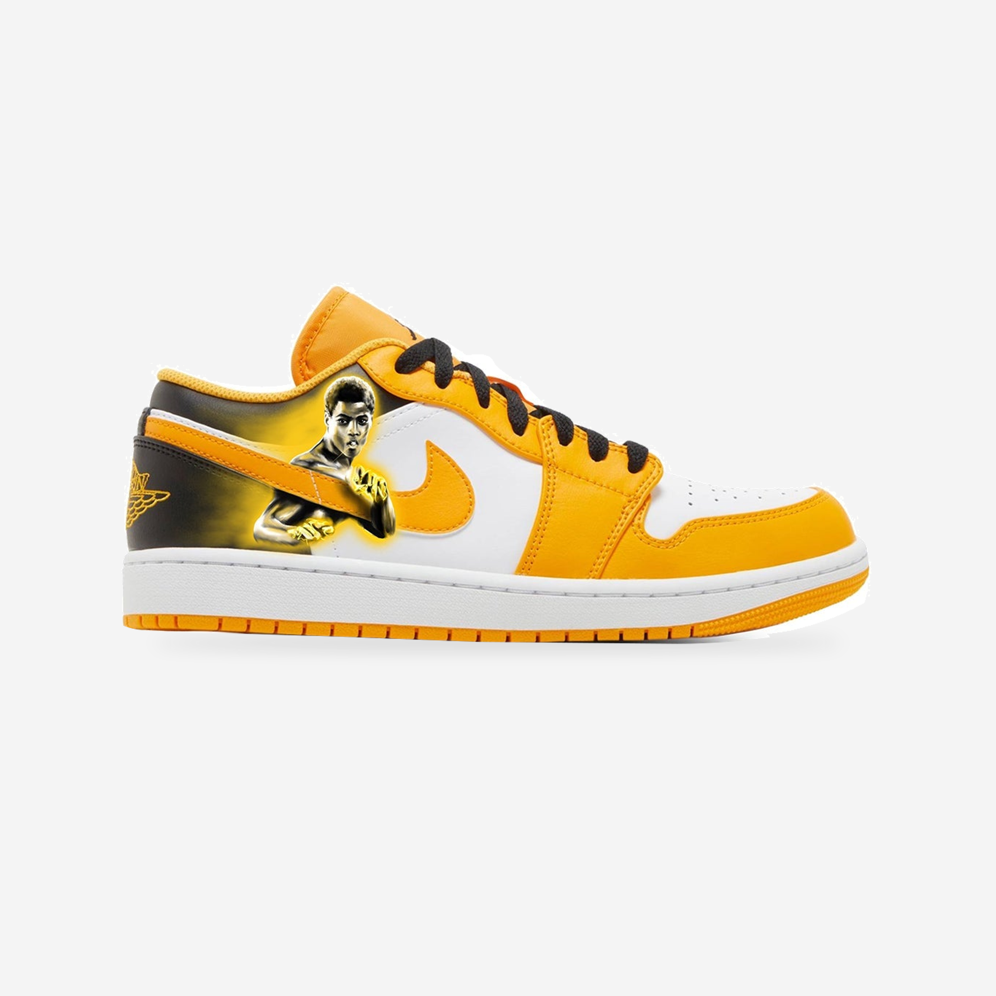Bruce Leroy Glow Low custom Jordan 1 low-top sneaker, side view on a light gray background.