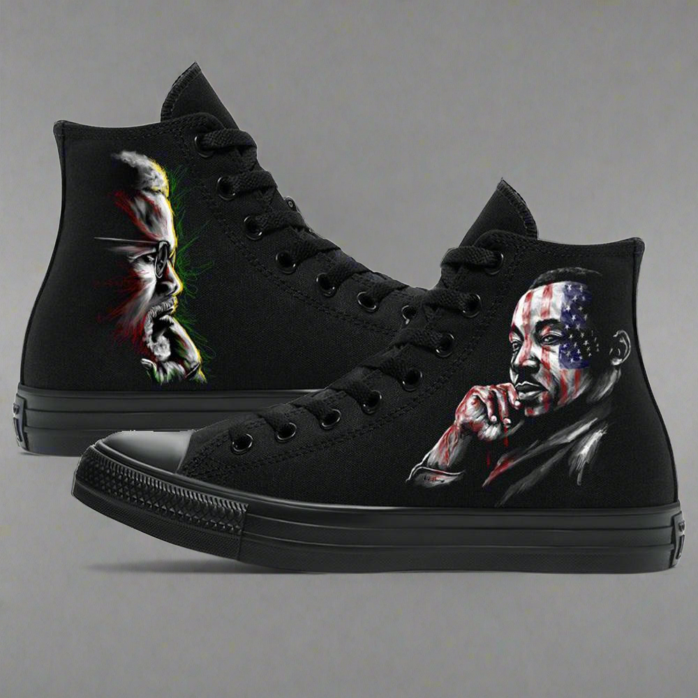 Voices of Freedom: MLK & Malcolm X Blackout Converse All-Star Sneakers - Malcolm X - Streetwear Art by AndrooArt