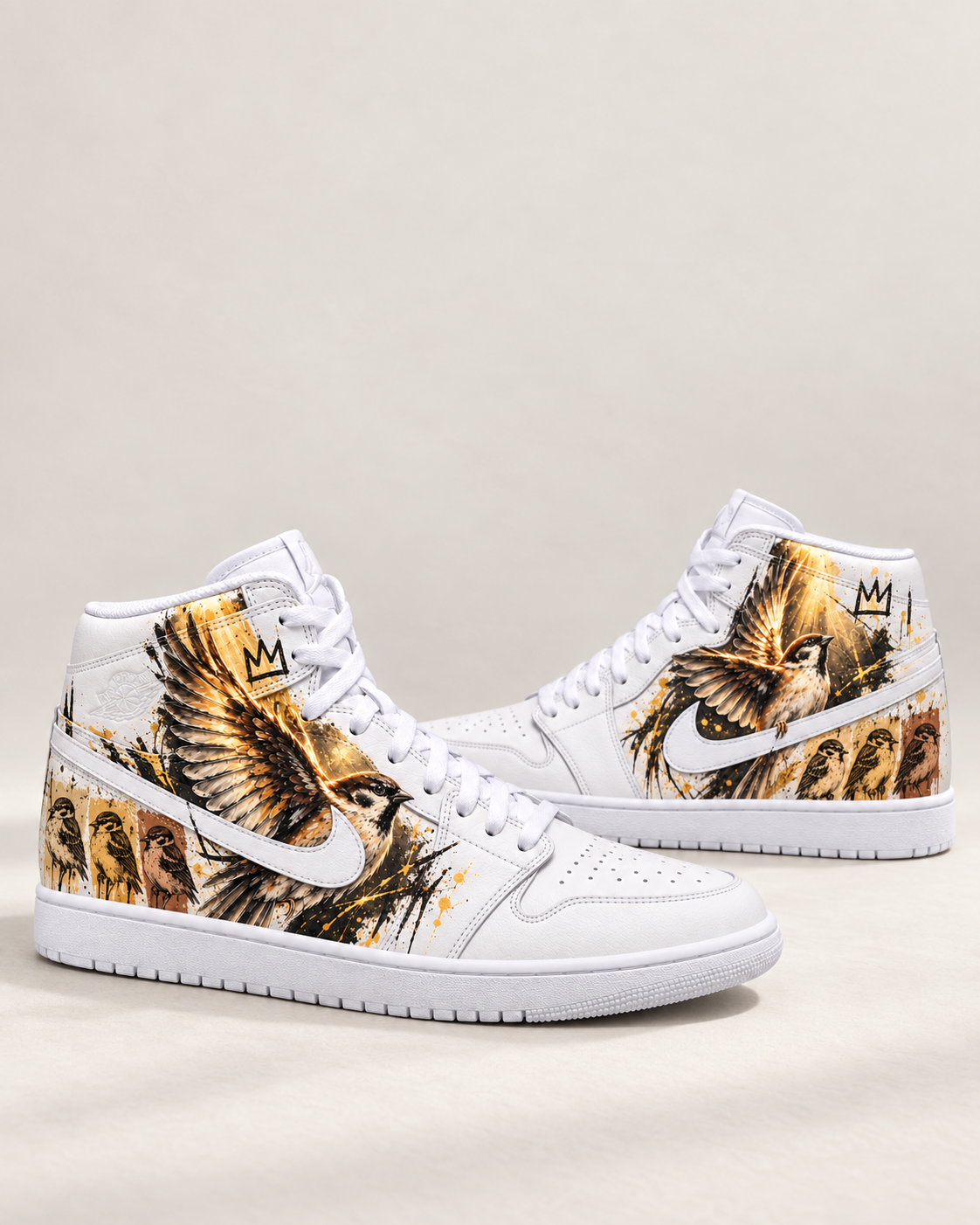 Sparrow collection concept preview, featuring white Jordan 1 sneakers with gold and black sparrow artwork.