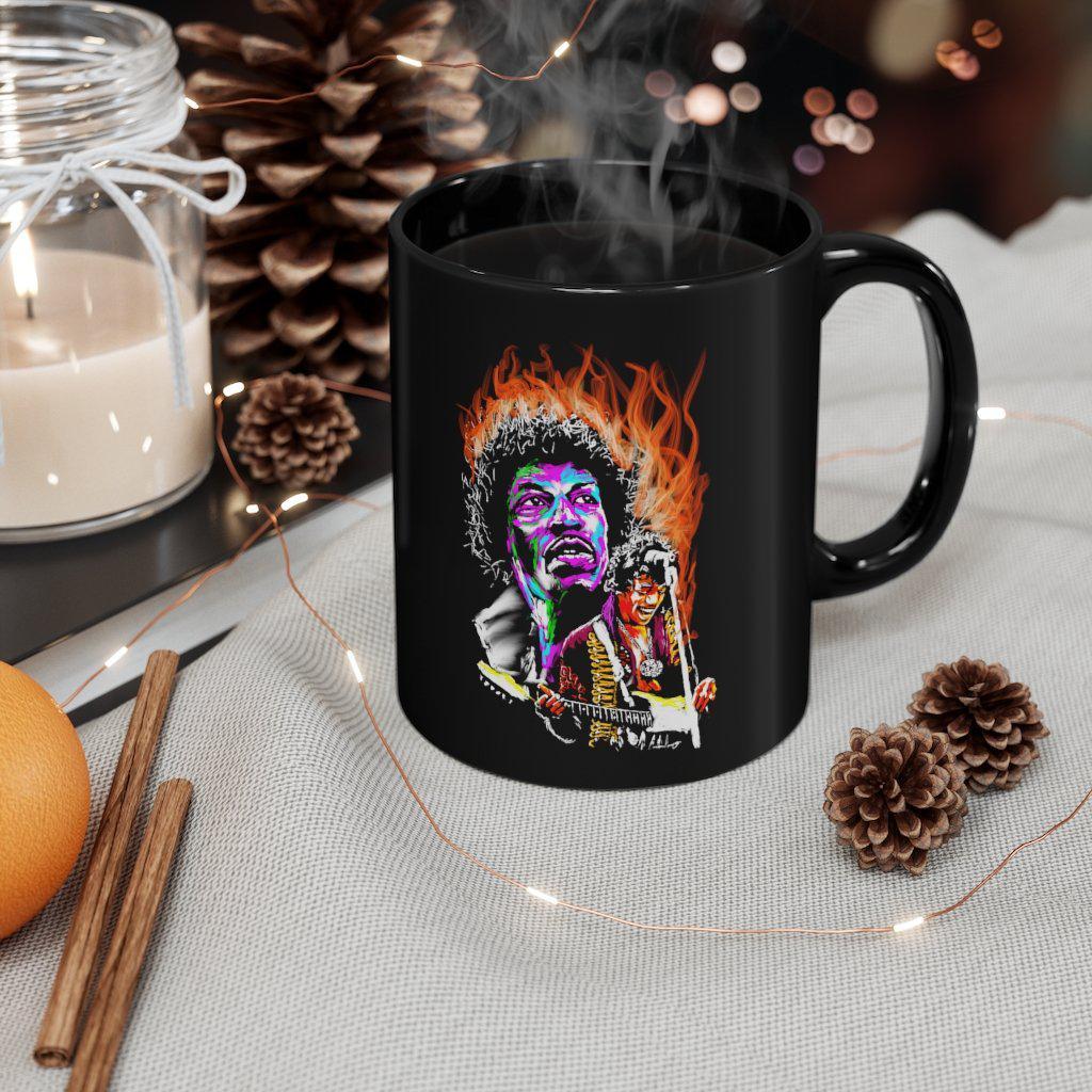 Jimi Hendrix | On Fire | Black Coffee Mug - Jimi Hendrix - Streetwear Art by AndrooArt
