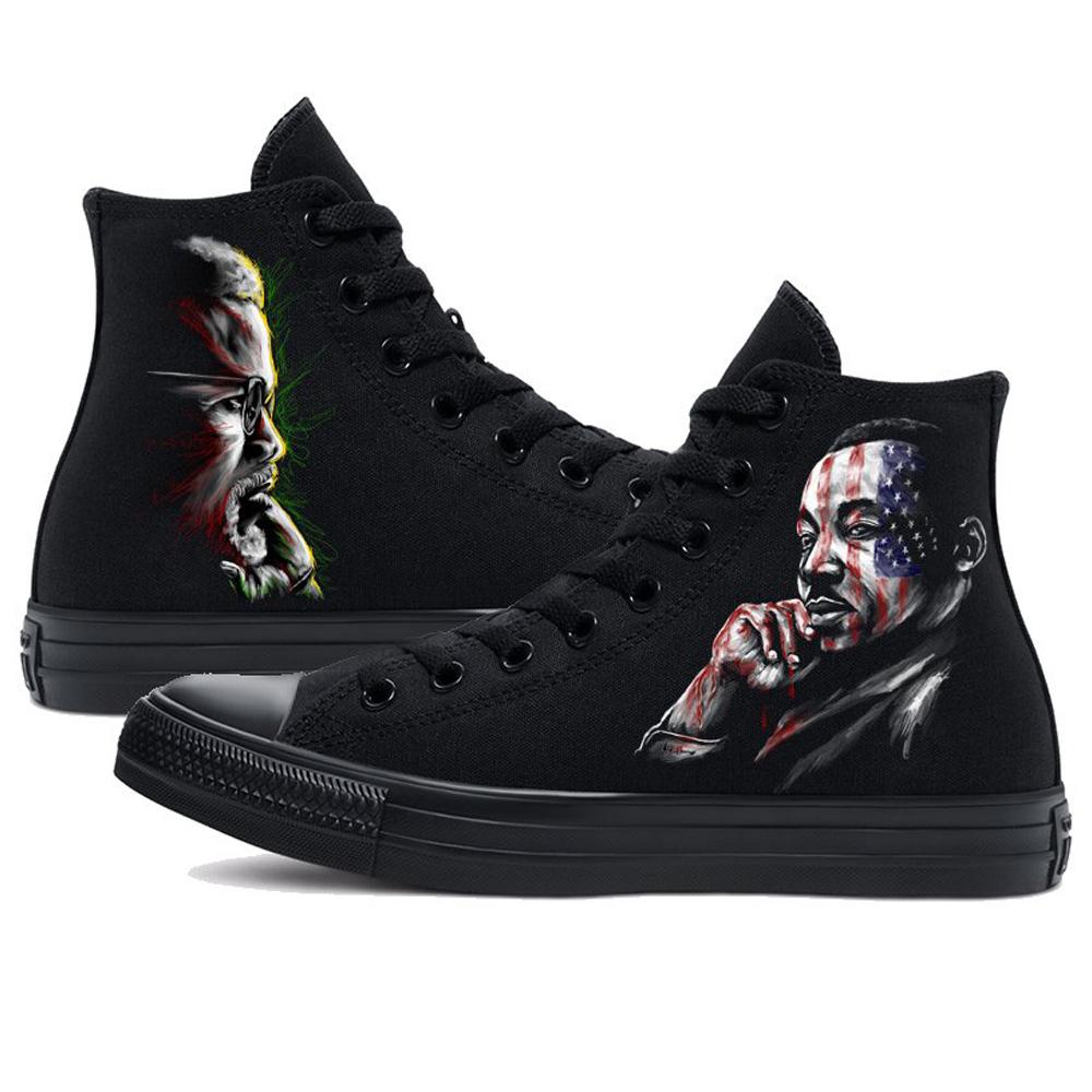 Voices of Freedom: MLK & Malcolm X Blackout Converse All-Star Sneakers - Malcolm X - Streetwear Art by AndrooArt